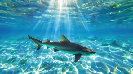 Obraz premium Majestic Shark Swimming Gracefully Underwater in Clear Ocean Waters with Sunlight Streaming Through Surface
