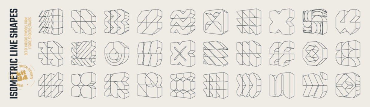 Isometric line brutal 3D shapes, Postmodern abstract geometric graphic frame elements, Trendy cyber design symbols in futuristic aesthetics, Brutalism volumetric carcass various form, vector set 4