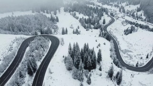Aerial view of the Mestecanis pass in Suceava county - Romania in winter