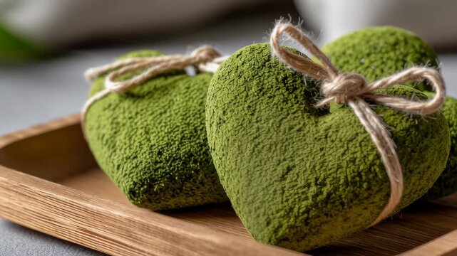 Valentine day in eco friendly concept. eco friendly valentine green heart gift decor moss natural romantic rustic love accent handmade textured shape on wooden tray cozy home feeling organic charm