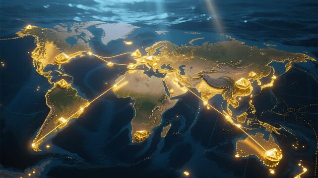 Golden world map glowing commodity price volatility movement investment trend capital wealth marketing, global financial growth market stability insights