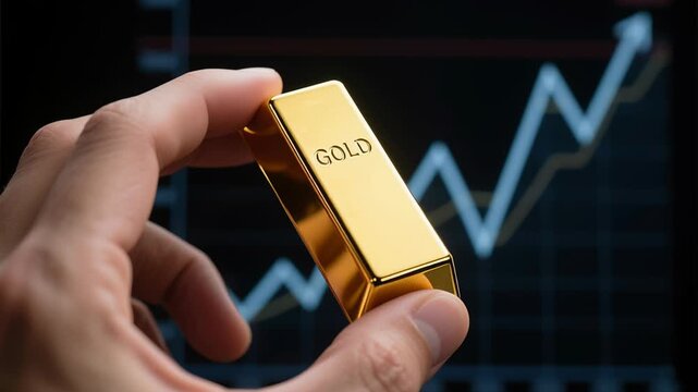 Gold bar, hand with price chart showing volatility and movement symbolizing investment trend, wealth capital growth, and strategic marketing in financial markets