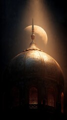 Fototapeta premium A serene mosque dome glows softly under the gentle light of the full moon shining brightly in the night sky with hyper realistic details.