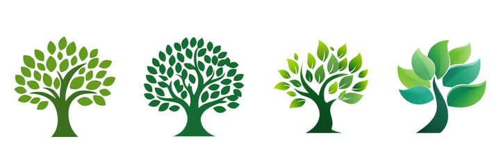 Fototapeta premium Four stylized tree icons in various green shades white for ecology design Isolated on a transparent background