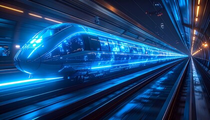 Fototapeta premium High-Speed Futuristic Bullet Train Moving Through a Dark Tunnel with Glowing Blue Neon Lines. Concept of Modern Digital Transportation, Connectivity, and Advanced Technology.