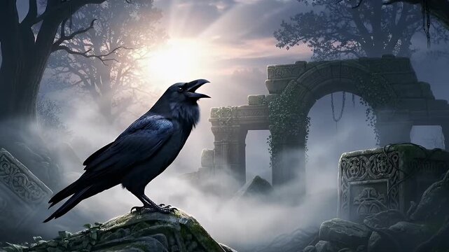 A majestic black bird, resembling a crow or raven, stands prominently on moss-covered ancient stone ruins, observing its mysterious surroundings. The ethereal landscape is shrouded in a soft, atmosphe