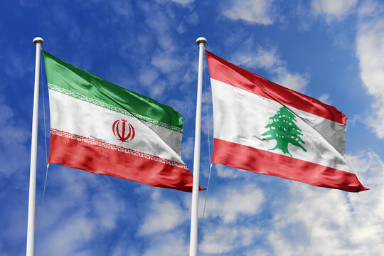 Iran and Lebanon National Flags Waving Together Against a Blue Cloudy Sky Symbolizing Diplomatic Relations, Middle Eastern Cooperation, Economic Partnership, Cultural Unity, and Shared History