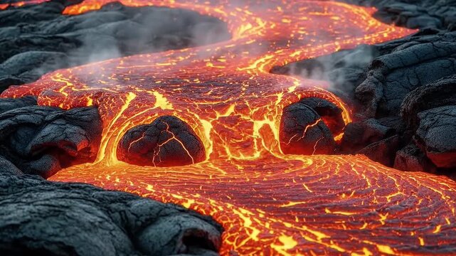 A powerful river of molten lava flows dynamically over jagged, dark volcanic rock formations. Intense oranges and reds glow brightly against the rough, cooling surface, while ethereal steam rises, ind