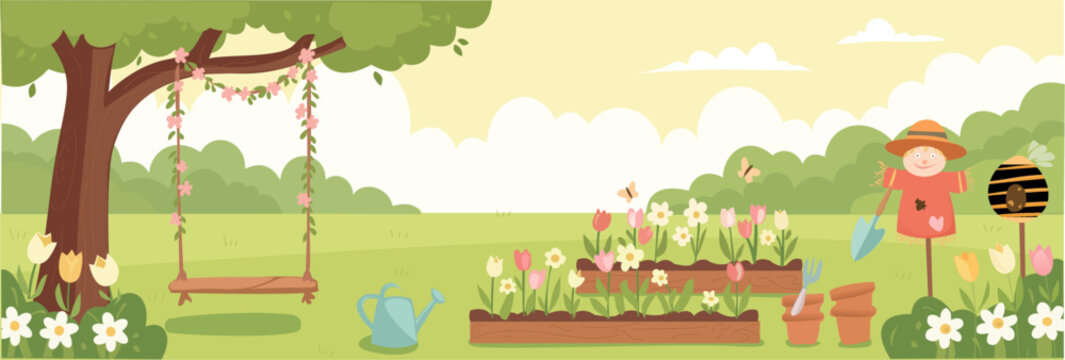 Spring garden panorama with flower beds, swing, and cute scarecrow. Horizontal vector illustration of a sunny backyard with trees, birdhouse, and gardening tools for kids and nature banners