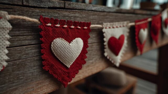 Valentine day in eco friendly concept. Heart valentine eco friendly banner bunting fabric red white rustic decor garland hanging along weathered wooden table for warm cozy handmade love celebration