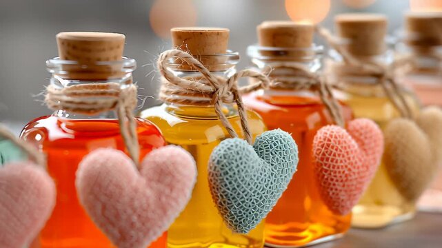 Valentine day in eco friendly concept. eco friendly valentine glass bottle essential oil heart decoration romantic gift spa aroma colorful liquid cork stopper warm glow wooden table cozy relaxing mood