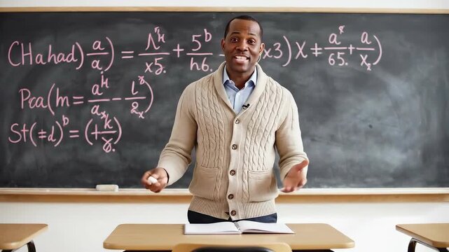 Engaging male educator enthusiastically explains complex equations at a chalkboard, showcasing dynamic teaching style and interactive classroom environment