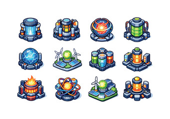 Fototapeta premium Energy Core. Colorful isometric vector icons set of Energy Core: glowing power core, energy reactor, fusion core, battery core, electric core