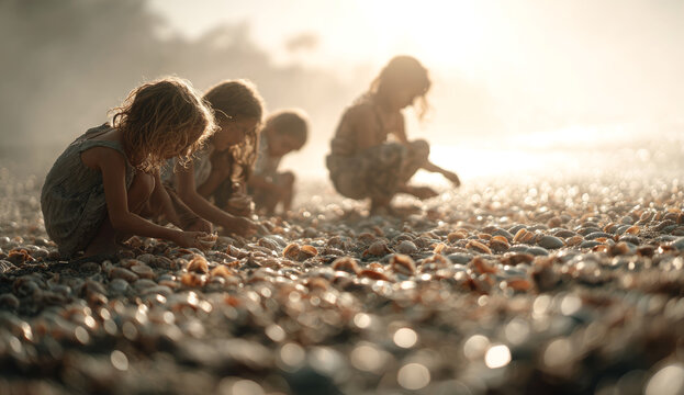 Group of children playing with seashells on the beach during sunset, exploring and collecting colorful shells with textured surfaces and smooth glossy finishes