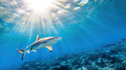 Obraz premium Graceful Shark Swimming in Clear Tropical Waters with Sunlight Rays Breaking Through Surface