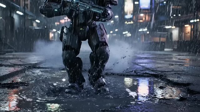 Futuristic Soldier in Heavy Armor with Rifle in Rainy Cyberpunk City