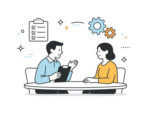 Clear Communication. Clarifying expectations. A manager calmly reviewing shared goals and responsibilities with a team member, subtle checklist and gear icons
