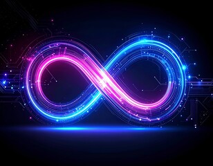 Glowing neon infinity symbol with circuit board details on dark background