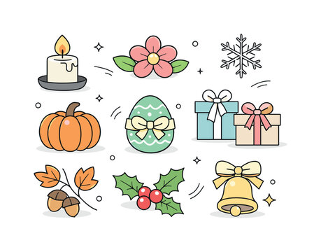 Seasonal celebration symbols. Close-up of interchangeable decorative items like candles, ribbons, and natural elements. Focus on detail and