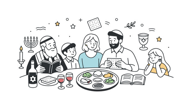 Passover Family Gathering. Passover celebration. People gathered around a table with a seder plate, sharing a calm family moment. The scene reflects tradition,