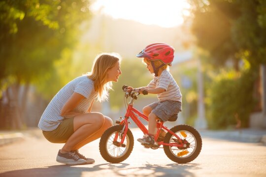 Mother teaching child riding bicycle outdoors at sunset