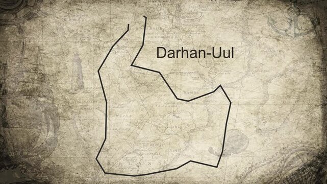 Darkhan-Uul Province map drawn on a cartography background sheet of paper