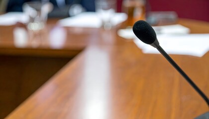 Close-up of a microphone on a wooden table, conference setting
