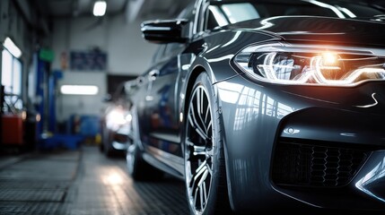 Obraz premium Modern sedan in automotive workshop during service check