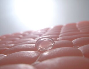 Macro view of rounded pink shapes with a droplet, illuminated from above