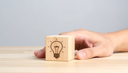 Hand holds wooden cube with lightbulb, symbolizing an idea on a wood surface