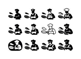 Obraz premium Chef Pancake Icons. A chef flipping a pancake in a skillet with a spatula. Icon set. Set Logo of A chef flipping a pancake in a skillet with a spatula: skillet