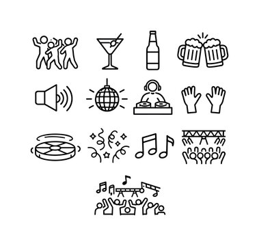 Drunken Revelry in Club. Line icon set of Drunken Revelry in Club: dancing crowd, cocktail glass, beer bottle, clinking glasses, loud