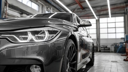 Modern sedan in automotive workshop during service check