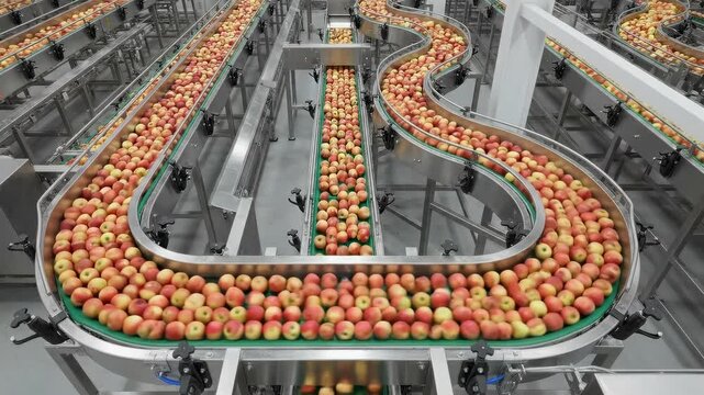 Apples moving along a conveyor belt in a processing facility, showcasing continuous flow and machinery, camera pans across the scene