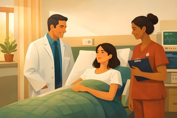 Obraz premium Doctor and nurse visiting a smiling female patient in a hospital room. Warm, supportive medical care illustration in a soft digital painting style.