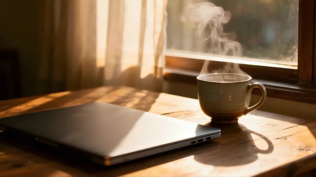 An laptop sits on a brown office desk next to a hot cup of black espresso for a morning caffeine break at work