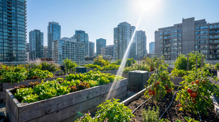 Fototapeta premium Lush urban rooftop vegetable garden with city skyline background