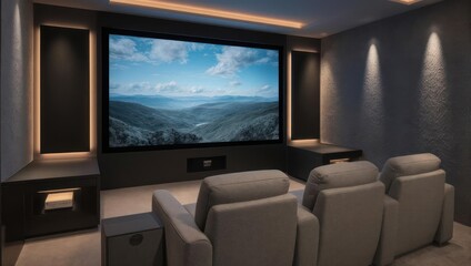 Fototapeta premium Home theater room with a large screen displaying a landscape