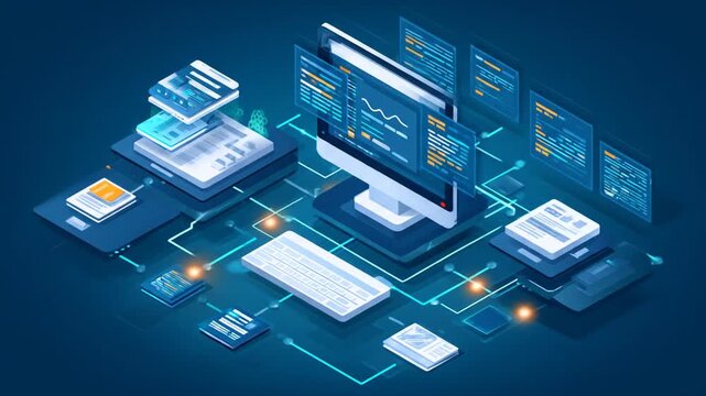 Isometric computer system interface illustration for technology and data analysis