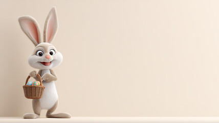 Obraz premium A cute 3D-style bunny standing with a woven basket filled with colorful Easter eggs. Minimalist background for spring holiday greetings.
