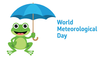 Obraz premium A cartoon illustration celebrating World Meteorological Day with a cheerful green frog character holding a bright blue umbrella (3)_traced