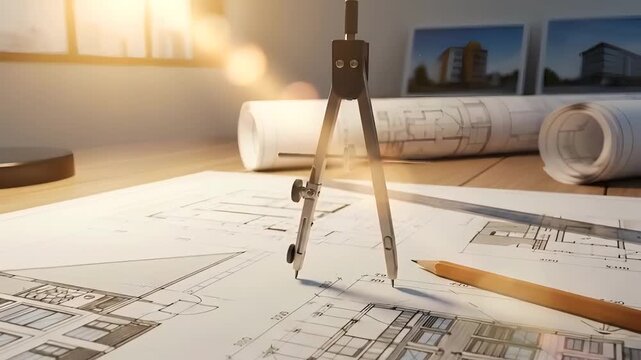 Architectural blueprints are spread out on a desk with a compass and pencil.