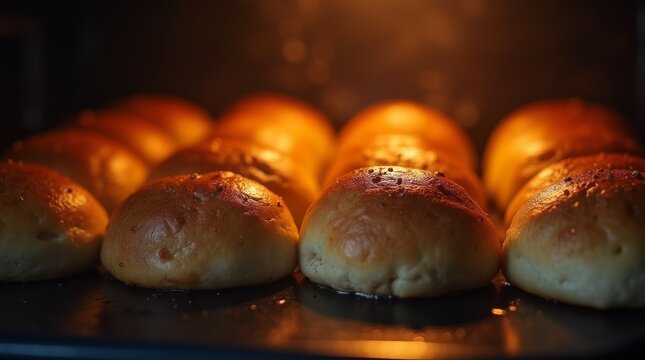 Fresh rolls bake in the oven at a bakery during the morning. Warm light fills the space and brings comfort to the bakery