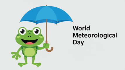 Obraz premium A cartoon illustration celebrating World Meteorological Day with a cheerful green frog character holding a bright blue umbrella (4)_traced