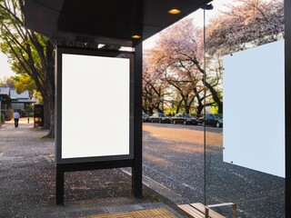 Mock up Banner signboard templateBlank screen Media Advertisement outdoor city street sakura blooming