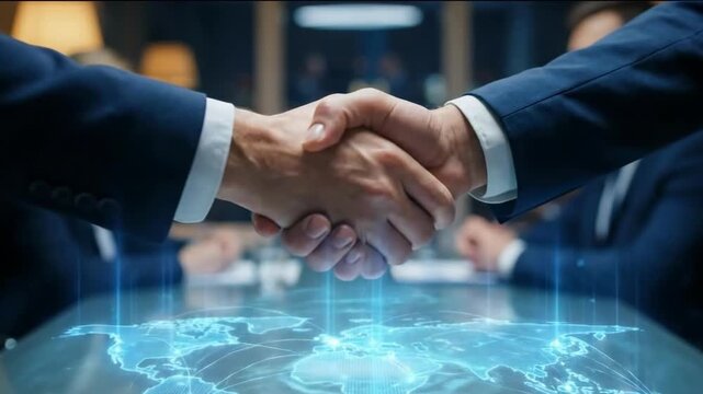 Cinematic 4K Close Up of Business Professionals Shaking Hands Over a Holographic Global Network Map on a Conference Table