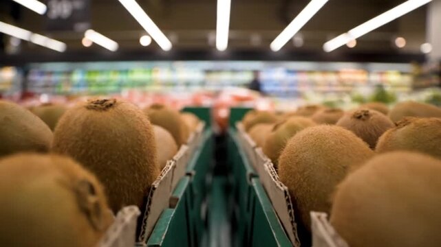 Close-up view of numerous fresh kiwis displayed in rows within a brightly lit supermarket aisle.