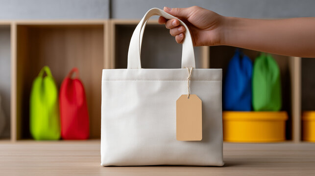 A hand sticking a blank name tag onto a fabric tote bag symbolizing personalization and belonging in a learning community.

