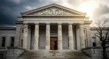 Obraz premium Abandoned government building with columns and cloudy sky symbolizing neglect and decay in a historic structure