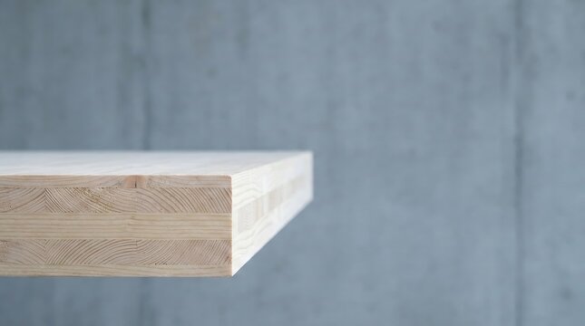 Detail of Cross Laminated Timber CLT Edge Showing Wood Layers with Grey Concrete Copy Space